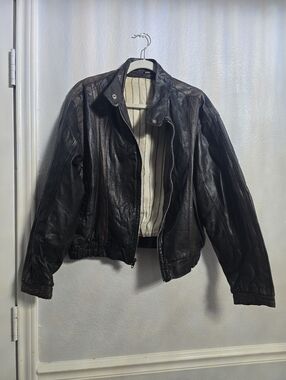 Men’s Genuine 2 Tone Leather Vintage Black Bomber Jacket Front Zip Pockets Lined